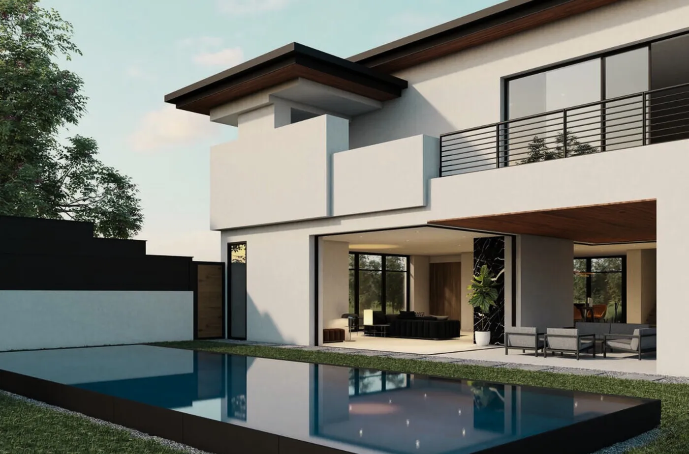Open plan living space with wood plank ceiling and sliding glass doors to a pool deck